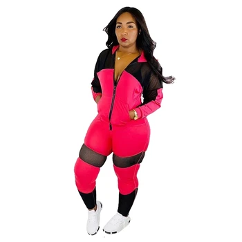 

Casual Tracksuit Women Autumn Two Piece Set Top and Pants Set Mesh Patchwork Hooded Sport Sweat Suits Women 2 Piece Outfit Set