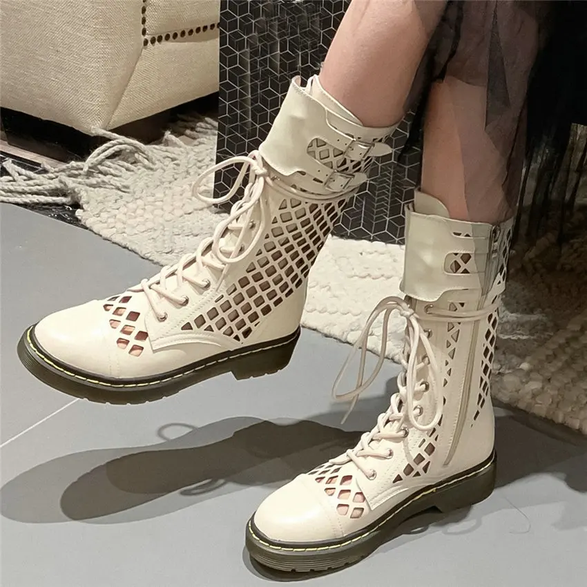 

Punk Oxfords Women Genuine Leather Low Heel Cut Out Military Riding Boots HIgh Top Lace Up Round Toe Platform Summer Pumps Shoes