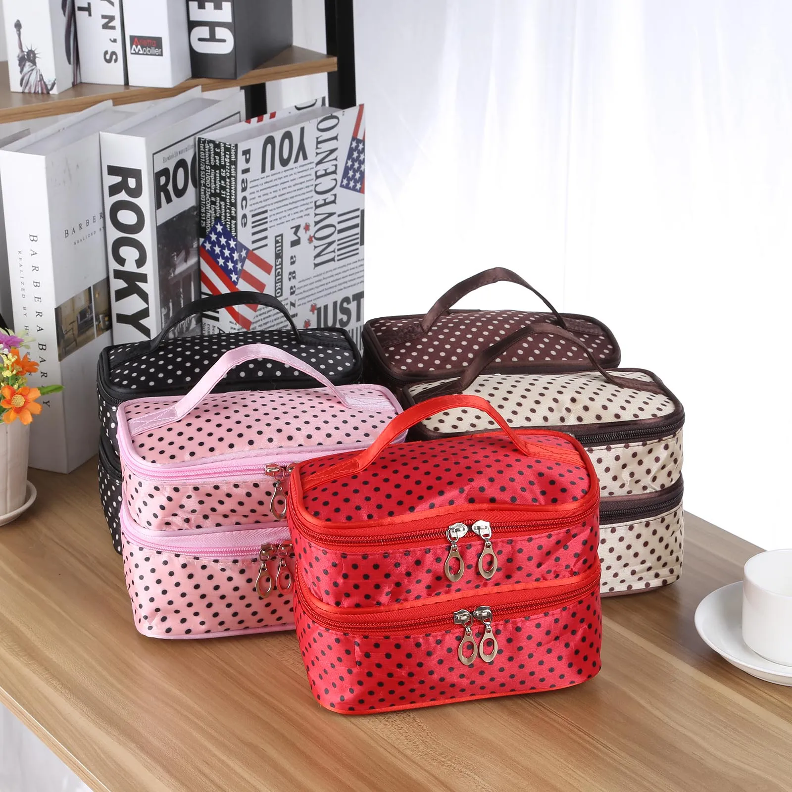 

Set Kit Toiletry Bag Double Deck Cosmetic Bag Layer Dot Pattern Makeup Pouch Travel Bag Handbag Tool Travel Toiletry Organizer