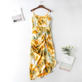 2020 Women Vintage Yellow Tie dye Flower print Spaghetti Strap Dress Hem Slim Waist Slit