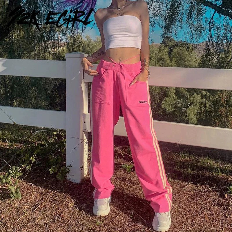 

Y2K EGIRL Solid Striped High Waist Lace Up Long Pants Hip Hop Style with Big Pocket Loosed Straight Pant Streetwear Pink Trouser