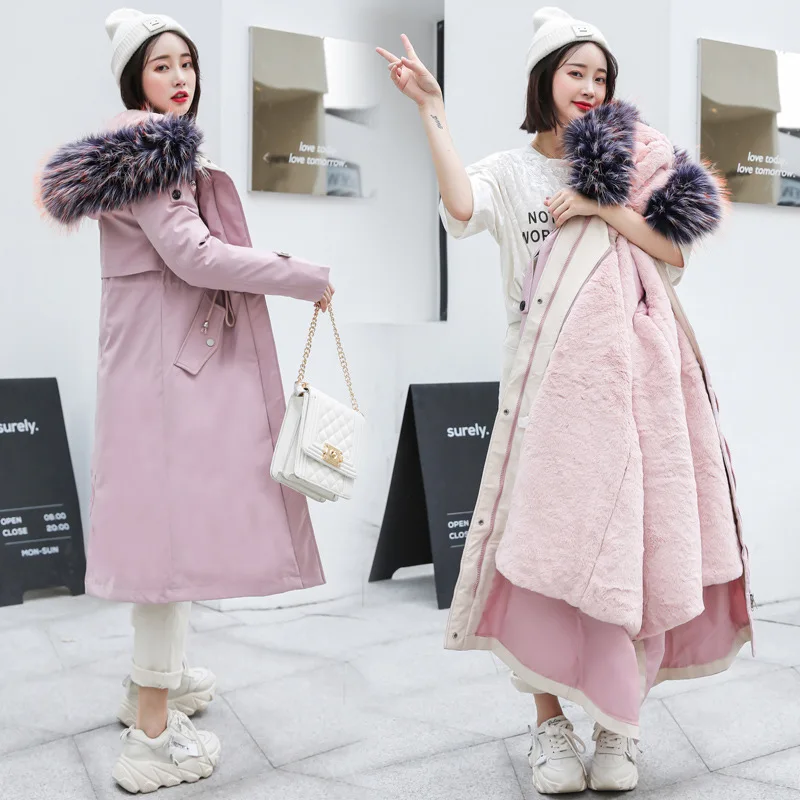 Розовый New winter long parkas-30 degree women's parka coats hooded fur collar thick cashmere warm winter jackets snow coat jacket - Цвет: Розовый