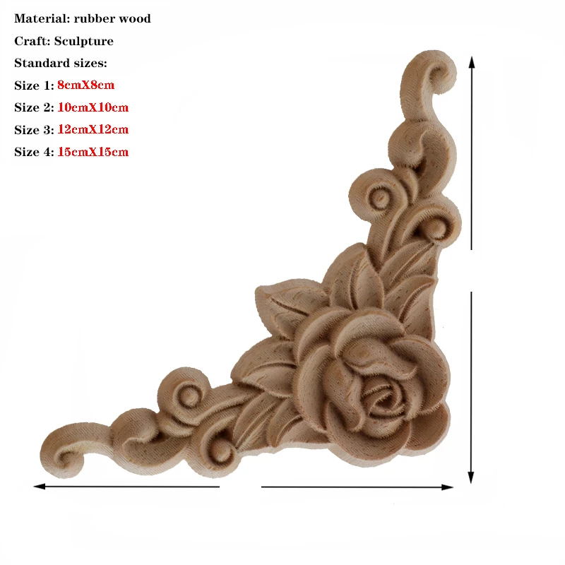 Ornament Crafts Wooden Figurine Crafts Solid Wood Applique Carved Mouldings Furniture Vintage Home Horn Flower 4PCS