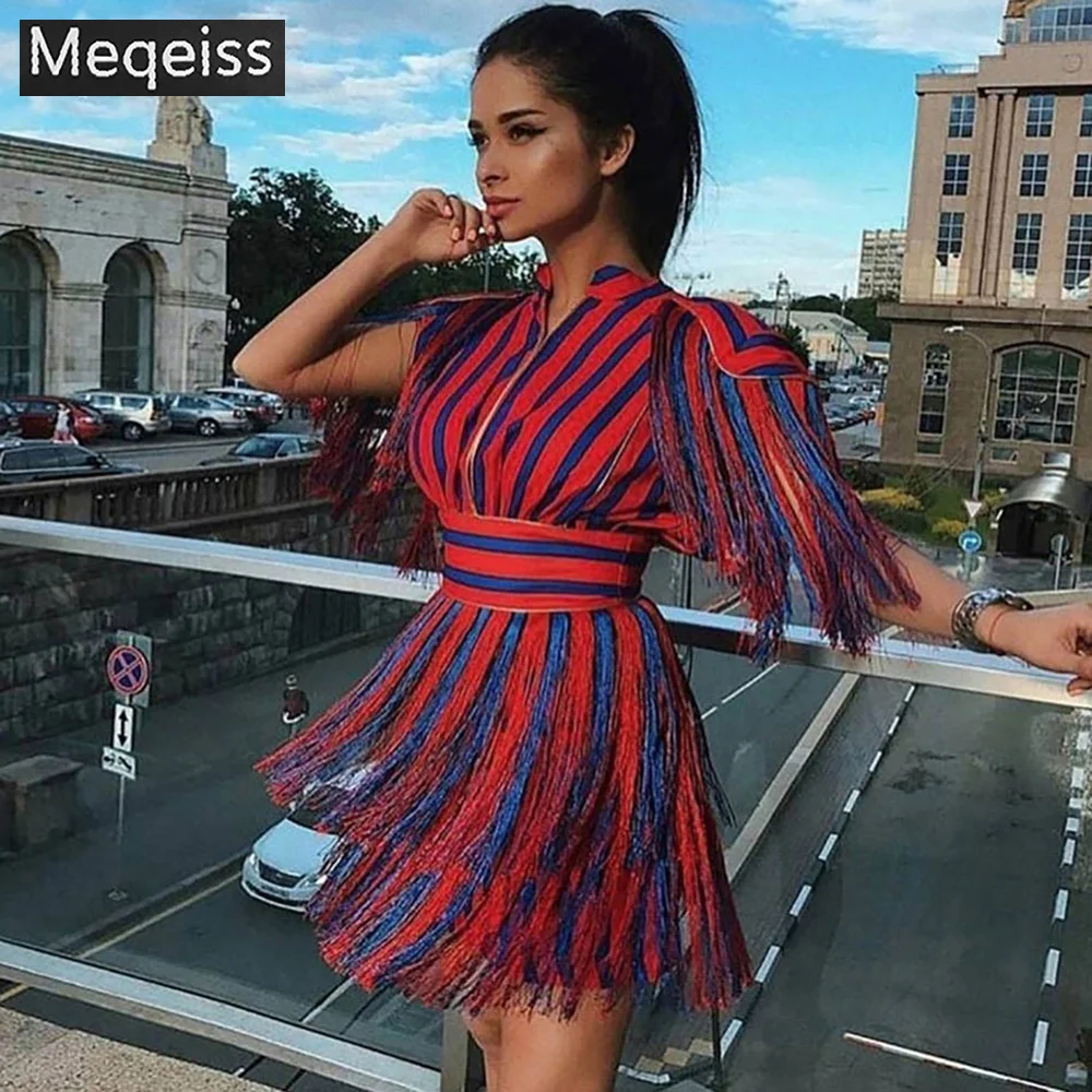 

Meqeiss 2019 New Summer Women Dress Fashion Short Sleeve Tassel Red and Blue Striped Mini Evening Celebrity Party Runway Dress