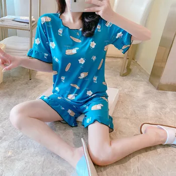 

Print Summer Ladies Sleepwear Short Sleeve Shorts 2Pcs Pajama Set Women Casual Loose Homewear Pullover Student Leisure Wear S054