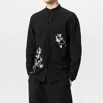 5XL плюс Размер мужские повседневные рубашки с длинными рукавами белая и черная вышивка хлопчатобумажная ткань с принтом ретро платье рубашка Y1873 - Цвет: Black
