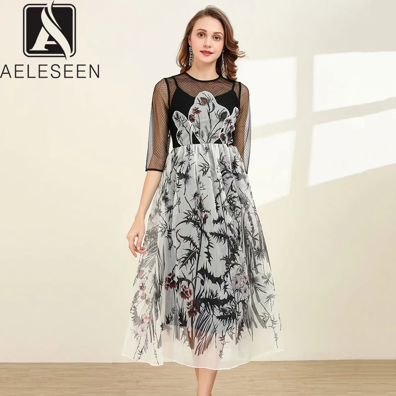 AELESEEN, весна, новинка, модное подиумное цветочное сексуальное прозрачное платье, женское комбинированное Сетчатое платье, винтажное платье миди с принтом