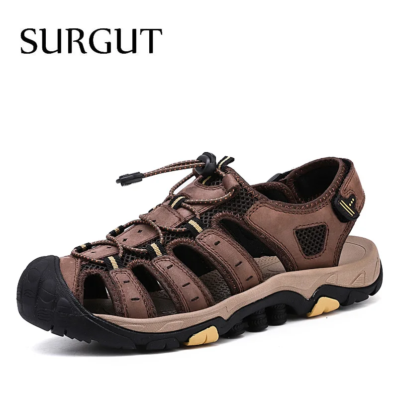 02 Dark Brown SURGUT/Новинка года; Мужская обувь; мужские сандалии из натуральной кожи; Летняя мужская обувь; пляжная обувь; мужские модные уличные повседневные кроссовки; размер 48 - Цвет: 02 Dark Brown