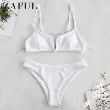 

ZAFUL Ribbed V Cut Bikini Set Spaghetti Straps Solid Summer Chic Swim Suit Wire Free Bathing Suit For Women Two Pieces Sets 2019