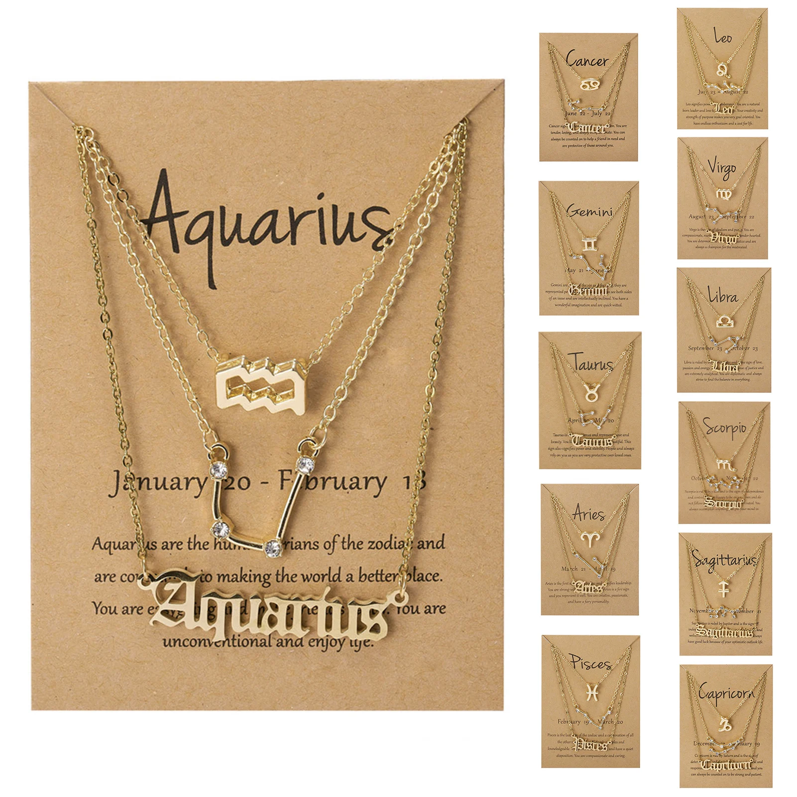3Pcs Constellation Zodiac Layer Necklace For Women Zircon Necklaces Letter Pendant For Best Friend Birthday Jewelry Gifts 1