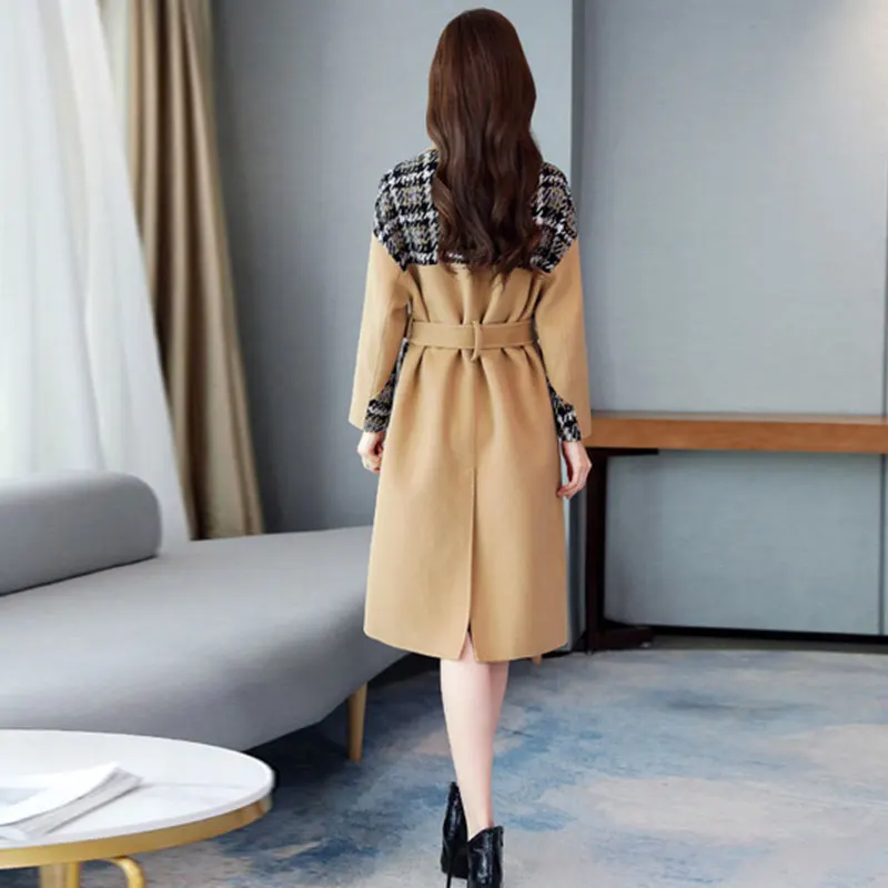 Woman Coat Autumn Winter Fashion Cashmere Coat Splice Double-breasted Wool Coat Women Long Windbreaker Jacket manteau femme