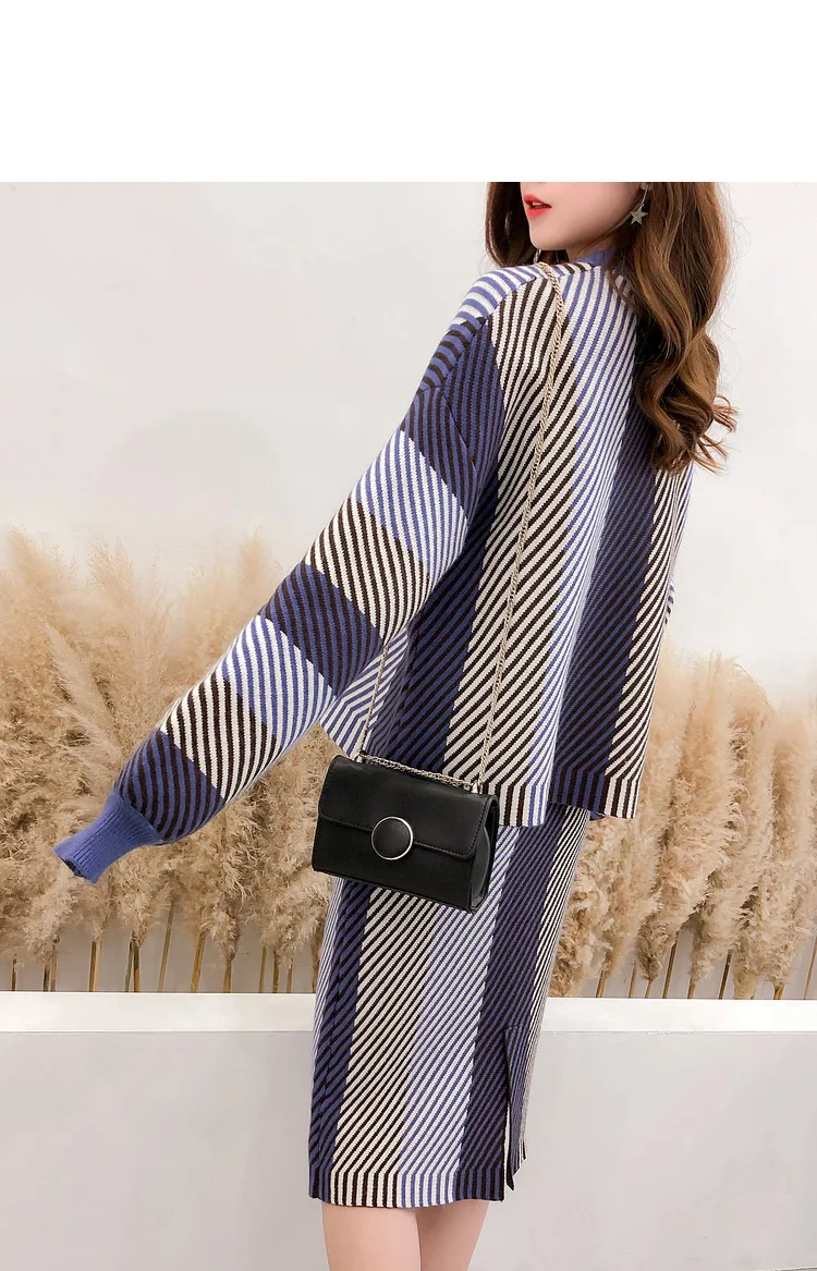 BLLOCUE Elegant Ladies Striped Sweater Jumpers+Skirt 2 Piece Set Women Fashion Loose Long Sleeve Knitted Pullovers Skirt Suits