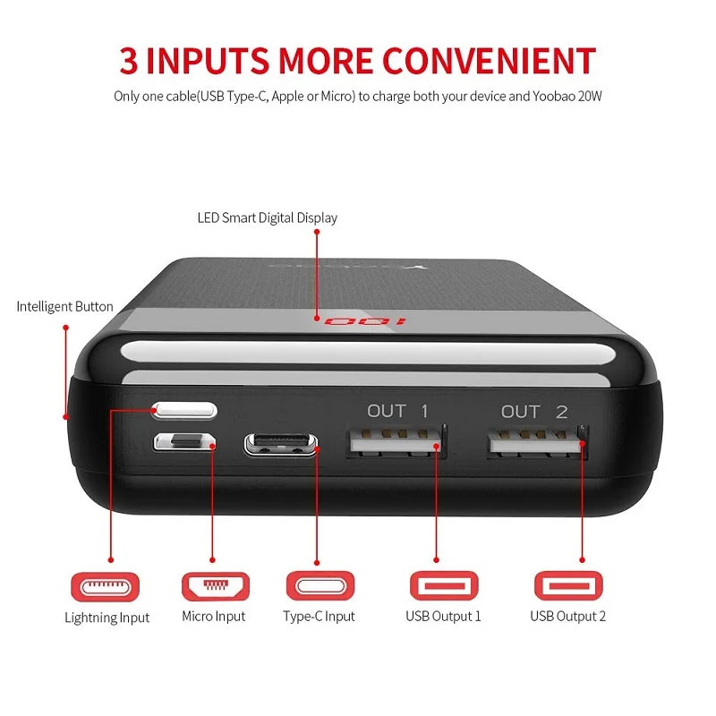 Tanie Bank mocy Yoobao o mocy 20w 20000mAh dla IPhone przenośna bateria zewnętrzna ładowarka cyfrowy wyświetlacz dla Xiaomi Huawei P20 Powerbank