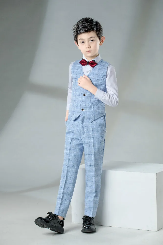 02Blue Lattice-4PCS YuanLu, Детский костюм для мальчика, 4 предмета, жилет/штаны/рубашка/галстук, костюм, торжественный костюм для свадьбы, вечерние костюмы для фортепиано, приталенная одежда для малышей - Цвет: 02Blue Lattice-4PCS