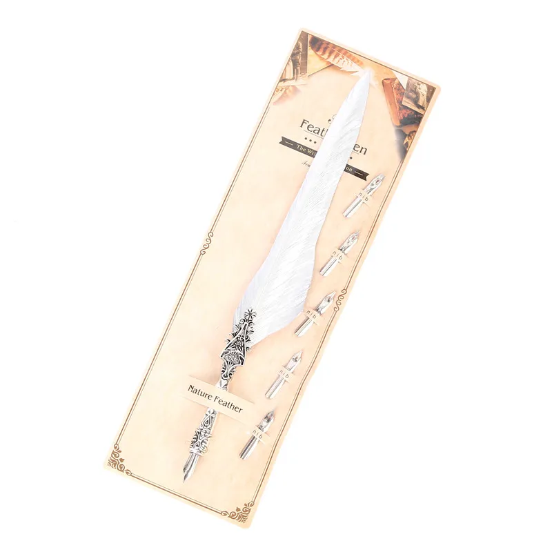 New Creative Rtro Feather Pen Round Pen Body Set Teacher Gift Pen Metal Pen+ Five Nibs Simple Office Stationery Holiday Gift