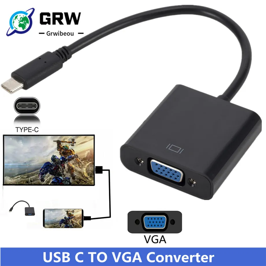 Gold Usb 3.1 Type C To Vga Adapter Usb-C Male To Vga High Resolution 1080P Female Converter Plug And Play