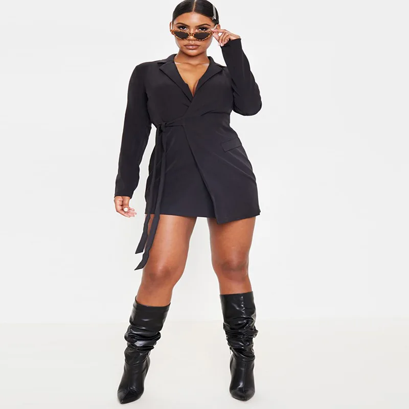 

Kisilk Europe And America Ol Wind Large Size Simple Solid Color Side Lace-up Suit Deep V-neck Long Sleeve Dress 2020 Autumn