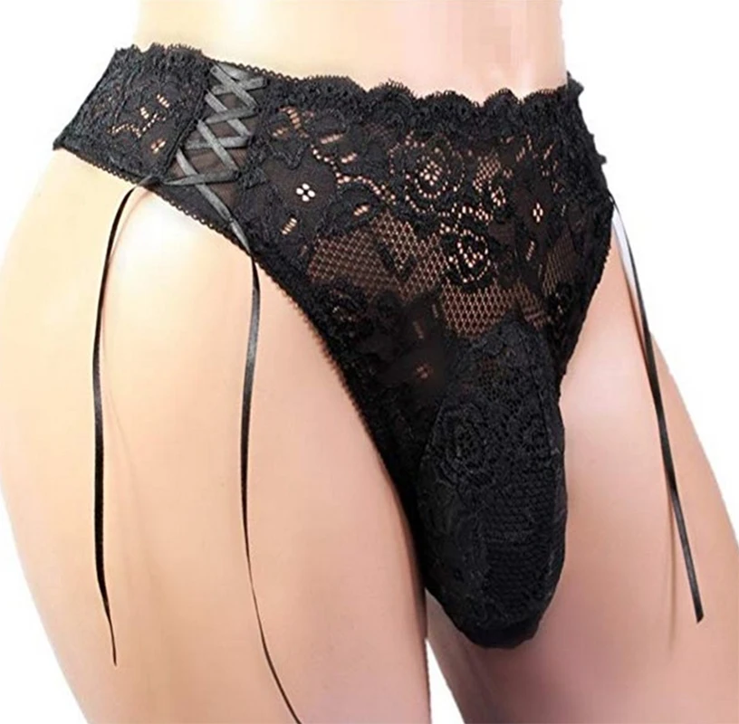 

Men's lace large pouch g string underwear gay adult sissy thong underpants