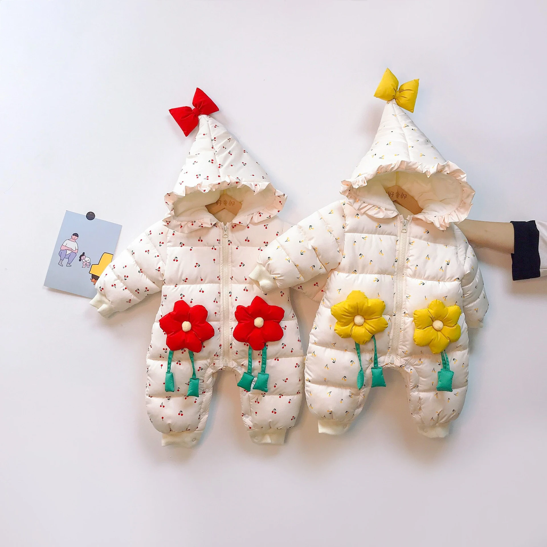 Thick Warm Baby Girls Romper Outerwear Lovely Floral Princess Parkas Wool Liner Infant Baby Snowsuit Jumpsuit