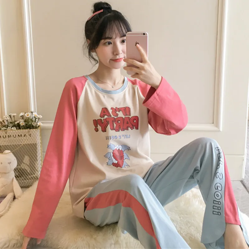 

Pajamas Women's Spring And Autumn Pure Cotton Long Sleeve Cute Sesame Street Two-Piece Set Korean-style Students Large Size Wint