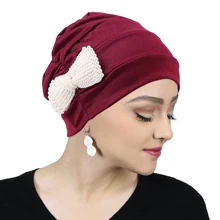

Fashion Full Cover Women Bow Pearl Turban Bandanas Muslim Hat White Pearl Hijab Caps Chemo Cap Head Wrap Turbante Mujer