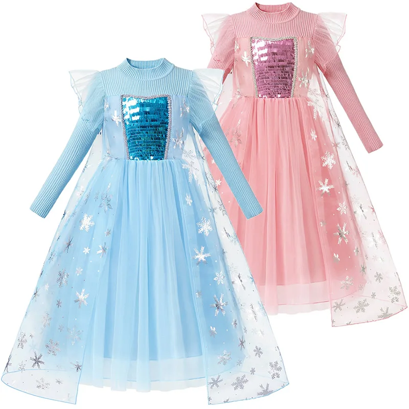 

Girls Elsa Winter Dress Sequin Ruffles Princess Costumes Snowflake New Snow Queen Cosplay Clothing Kids Knitting Frocks 2-10T
