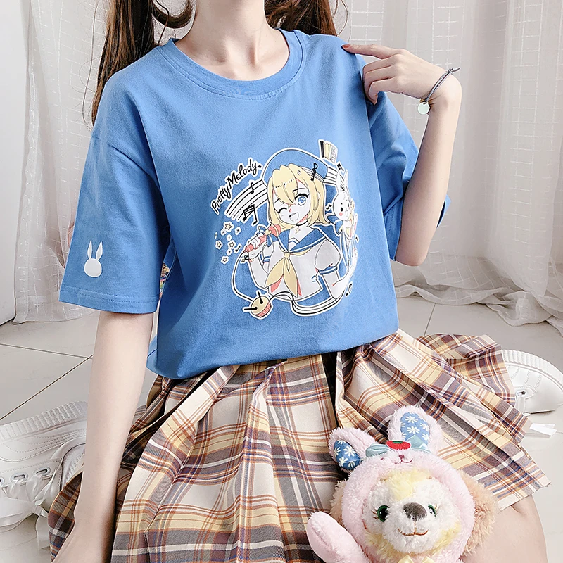 Beautiful Melody Young Girl Short Sleeve Tops Loose T-shirt Tee Summer 2020 Japanese Student Cute Anime Printed Blue Pullovers | Женская