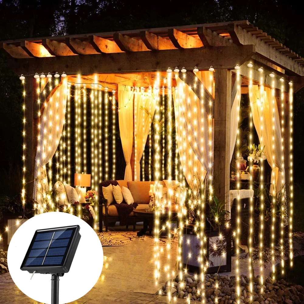 Solar Outdoor Lights Garland Christmas Decoration LED Festoon Fairy Curtain Light 3Mx3M New Year Waterproof 8 Modes led string lights decorative lights string lights led fairy lights
