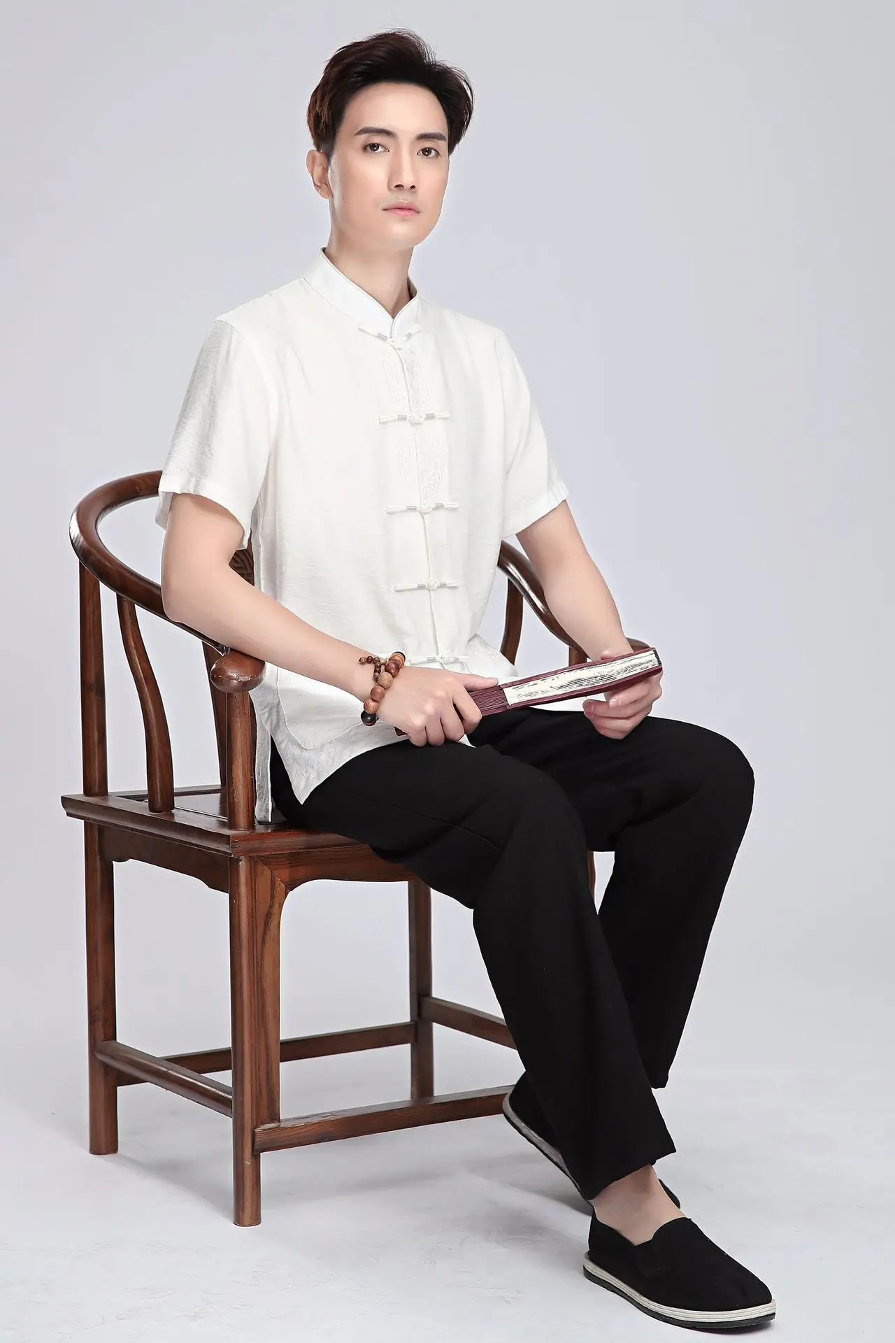Китайский стиль, китайский стиль, лен, 2815-3, китайский костюм, мужские топы с короткими рукавами, рубашка с короткими рукавами среднего возраста/комплект