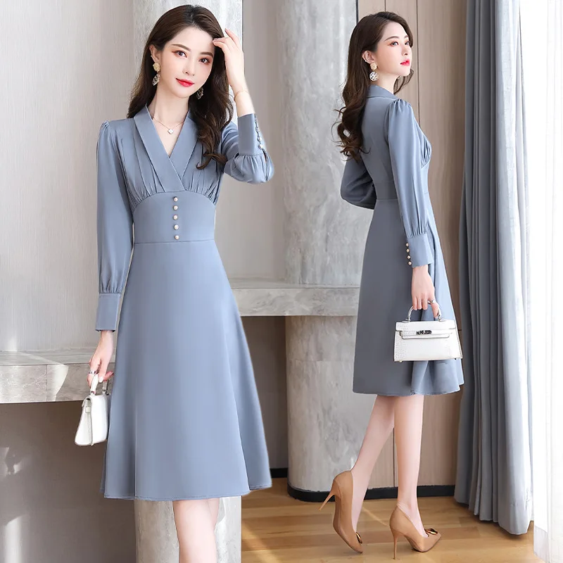 

Elegant Young-Style Dress 2020 Spring New Style Waist Hugging Slimming over-the-Knee WOMEN'S Dress V-neck Ladies' A- line Skirt