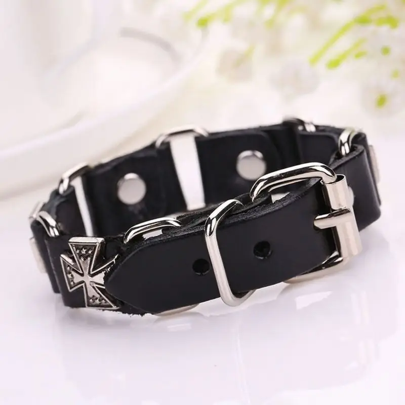 Men's Punk Adjustable Leather Strap Bracelet Metal Cross Cuff Bangle Wristband trend bracelet jewelry