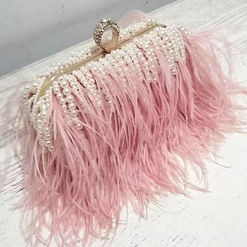 Ladies Feather Pearl Wedding Clutch Bag Luxury Designer Handbag Woman Small Purse Chain Shoulder Messenger Bag FTB312