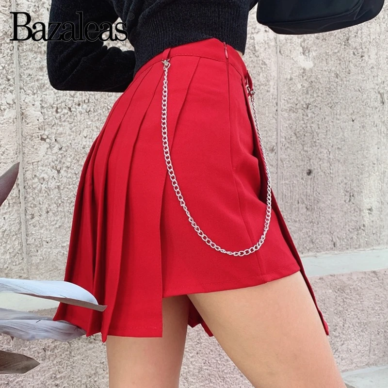 Bazaleas Harajuku, мини-юбка с боковой цепью, сексуальная женская юбка, модные плиссированные юбки, асимметричные юбки с высокой талией для женщин