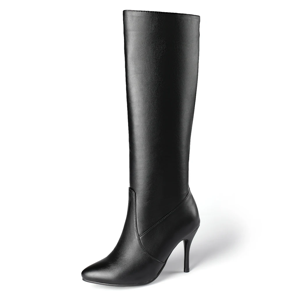

Pointed High Heel Simple Knight Boots PU Stiletto Side Zipper High Boots White Wine Glass Heel Plush Knee-Length Boots