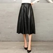 Осень и зима новая корейская мода Длинная черная юбка Женская высокая талия была тонкая плиссированная юбка из искусственной кожи юбка F683