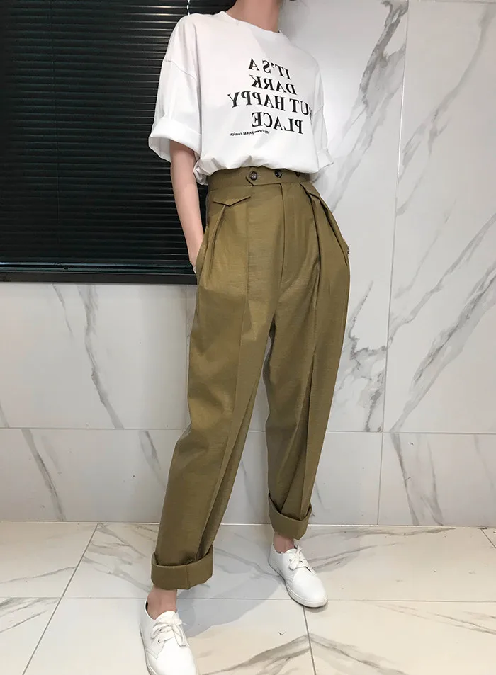 khaki Осенние новые длинные брюки женские хлопковые дикие однотонные повседневные брюки женские корейские стильные женские широкие брюки - Цвет: khaki