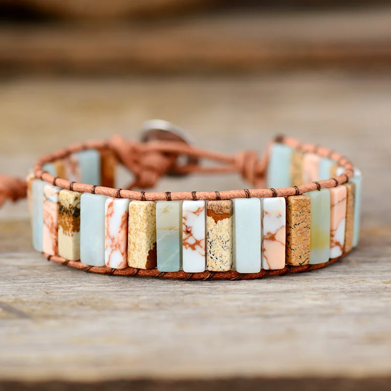 New Fashion Bracelets Light Labradorite Single Boho Leather Wrap Bracelet Semi Precious Stone Beaded Cuff Bracelet Dropship