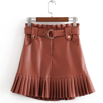 

Women Rucked PU Skirts Women Fashion Faux Leather Skirt Women Elegant Belt Waist Pockets Mini Skirts Female Ladies IP