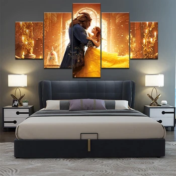 

Home Decor Living Room Wall Art Framework Canvas Painting 5 Pieces Beauty And The Beast HD Printed Modular Movie Posters Picture