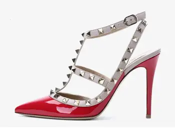 

2020 V Brand Women High Heel Sandal Rivets Red Wedding Shoes 10cm Thin Heel Genuine Leather Women Shoes 34-43 Dust Bag