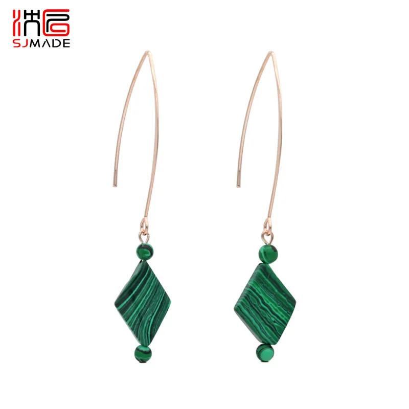 

SJMADE Japanese Korean Prismatic Malachite Dangle Earrings 585 Rose Gold Long Ear Hook Eardrop For Women Wedding Unique Jewelry