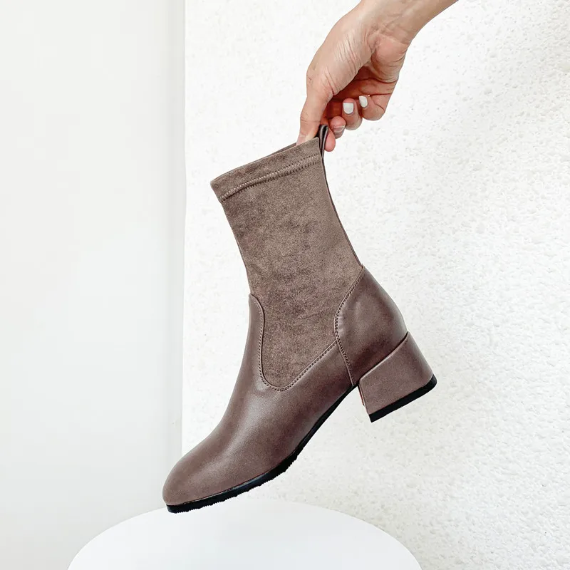 

YQBTDL 2024 concise spring Chunky Heels Sock ankle Boots Patchwork Suede Slip on Black Khaki Square Toe leisure Shoes for women