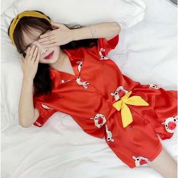 

Summer Children Pajamas Sets Cartoon Silk Satin Sleepwear Girls Pijamas Teen Short Top Pants Kids Cardigan Pajamas Clothing Suit