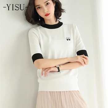 

YISU high quality Women T-shirt women O neck Short sleeve Ice silk t shirts summer Knitted pullover Eye pattern Printed T-shirt