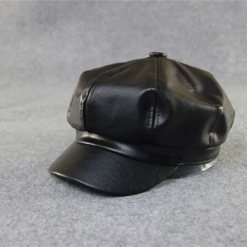 Leather B Модная шляпа в стиле милитари, осенне-зимняя шерстяная шляпа моряка из искусственной кожи для женщин, Черная Женская кепка с плоским верхом для путешествий, Кепка Капитана - Цвет: Leather B