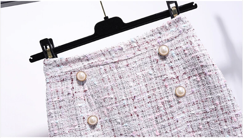 Женское новый осенне-зимний комплект из двух предметов для женщин, элегантный вязаный свитер с бусинами и бантом + твидовая клетчатая юбка