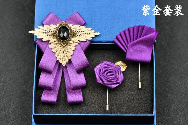 3pcs Bow Tie Set Элегантный мужской и женский деловой Галстук Свадебная вечеринка сплав броши галстук-бабочка Набор Полосатый носовой платок Карманный квадратный ленточка с бантиками - Цвет: 3pcs Bow Tie Set