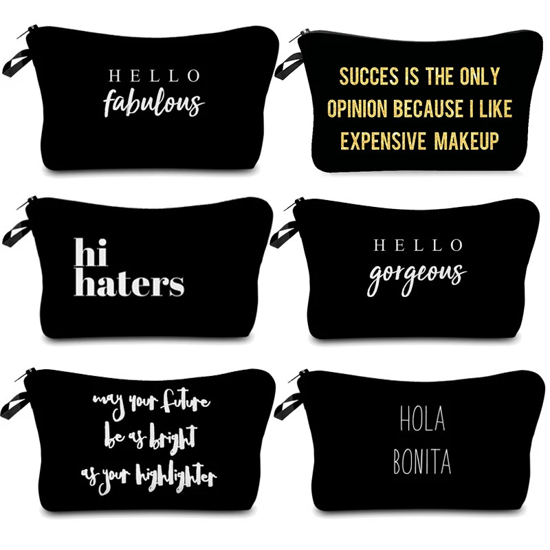 Cosmetic Bag Waterproof Printing Black Letters Toilet Bag Ladies Women Makeup Bag Canvas Custom Style for Travel