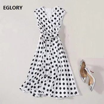 

Princess Women's Dress 2020 Summer Style Ladies V-Neck Polka Dot Print Belt Deco Sleeveless Mid-Calf Length Casual White Dress