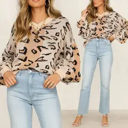 2019 женские леопардовые Повседневные свитера с v-образным вырезом трикотажные осенние шикарные джемперы с длинным рукавом Свободный